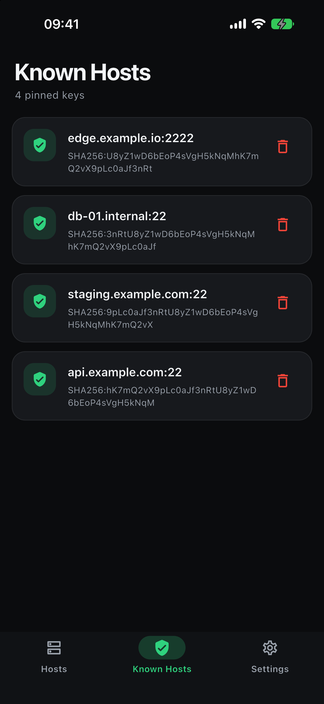 Shellter Known hosts screen