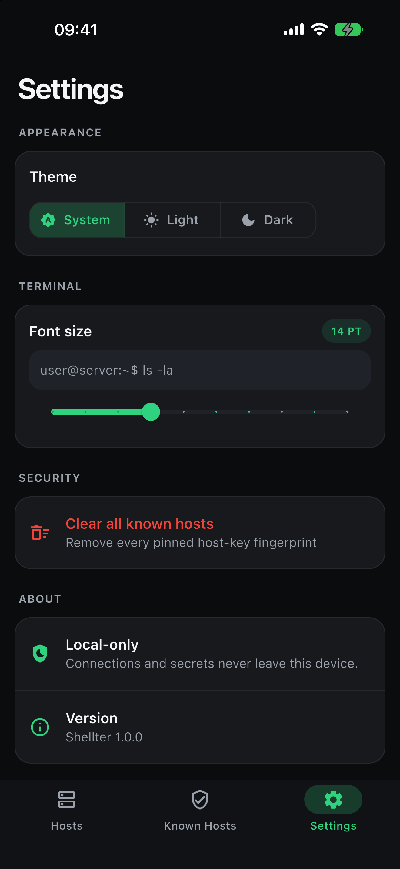 Shellter Settings screen